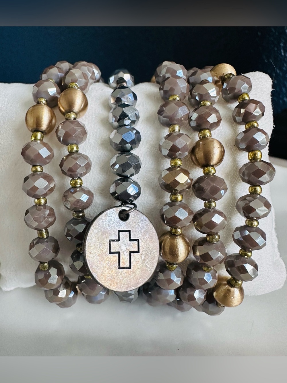 ✨Gold Matte with Gray Beaded Bracelet Stack “Set of 6” Cross/Faith Charm